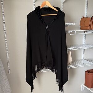 Black Fringe Hooded Poncho Sweater